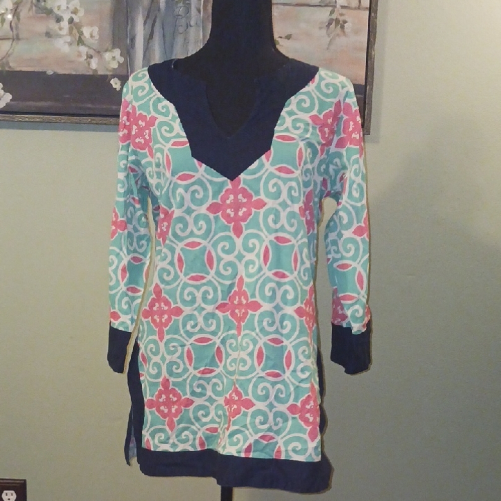 Simply Southern Turquoise & Pink Patterned V-Neck Tunic